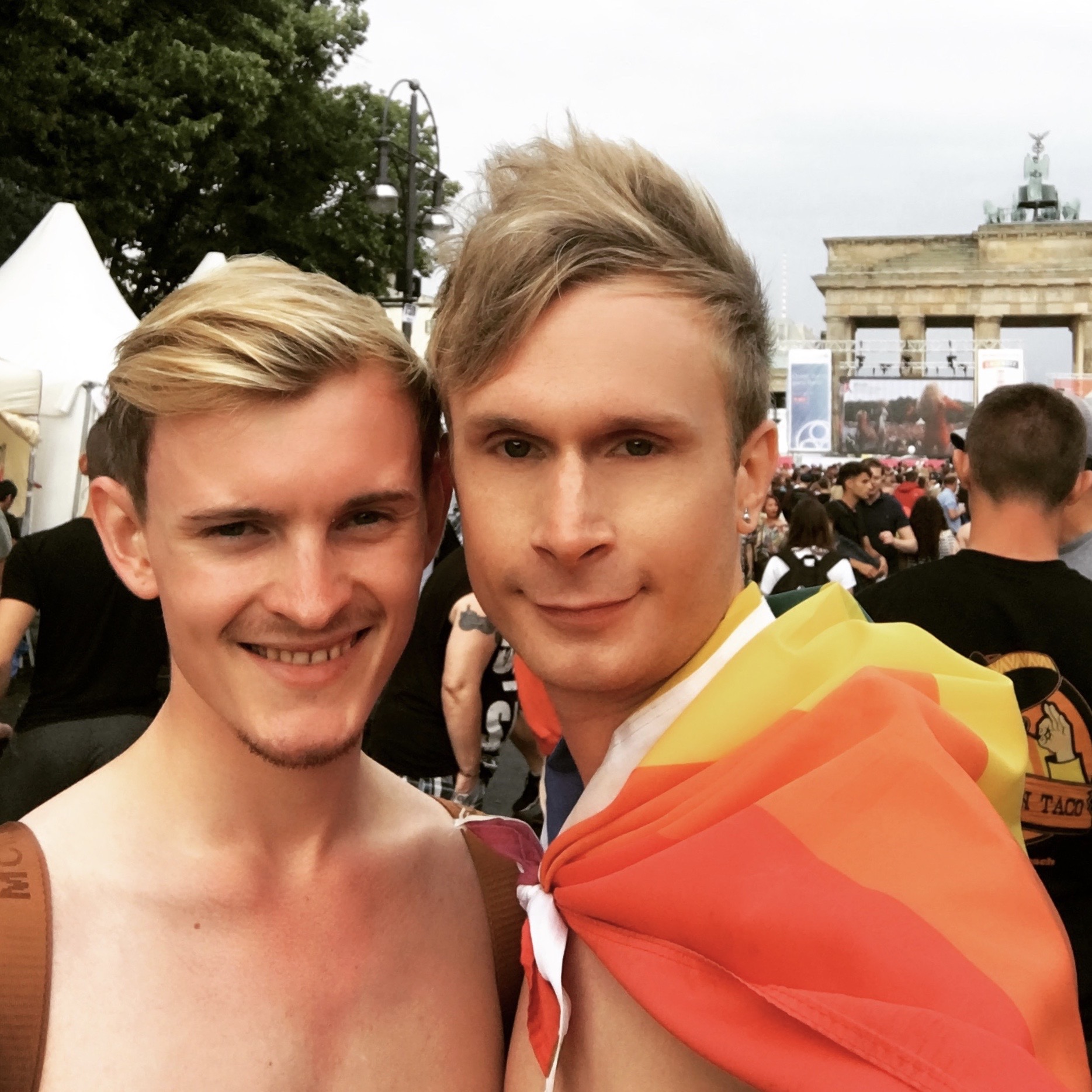 Joe and Alex celebrating together at Berlin Pride 2025, enjoying the LGBTQ+ festival, colorful parade, and inclusive atmosphere in Germany’s capital.