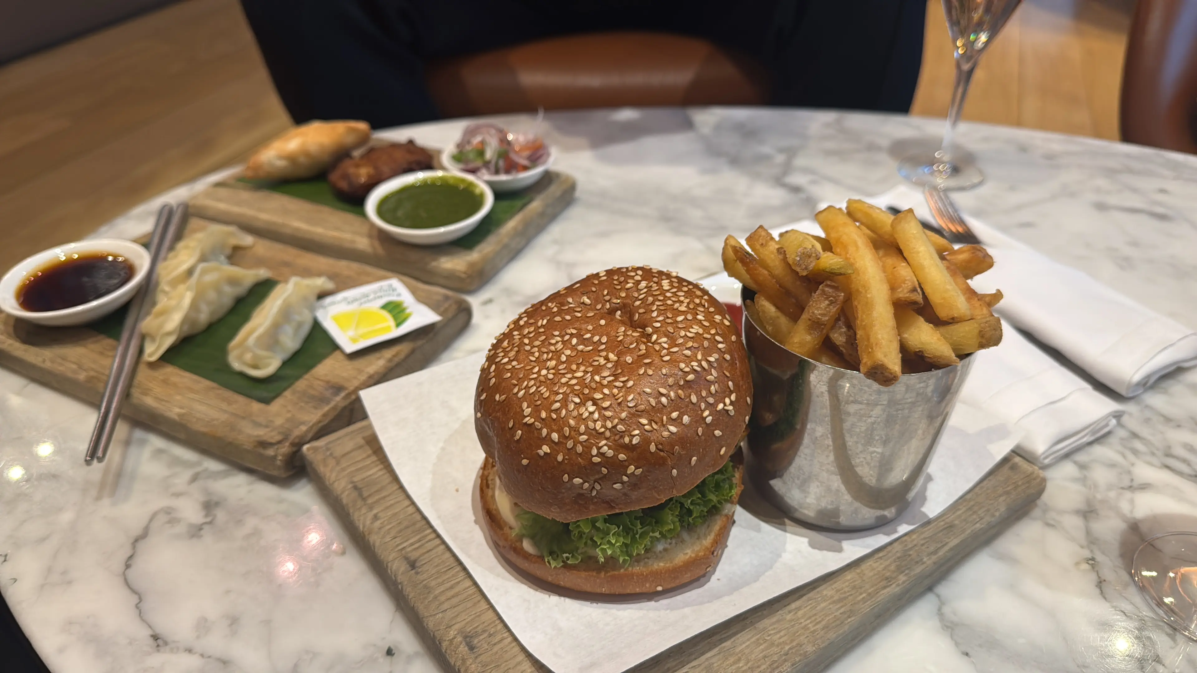 Burger and chips served in the Virgin Atlantic Upper Class Lounge at Heathrow