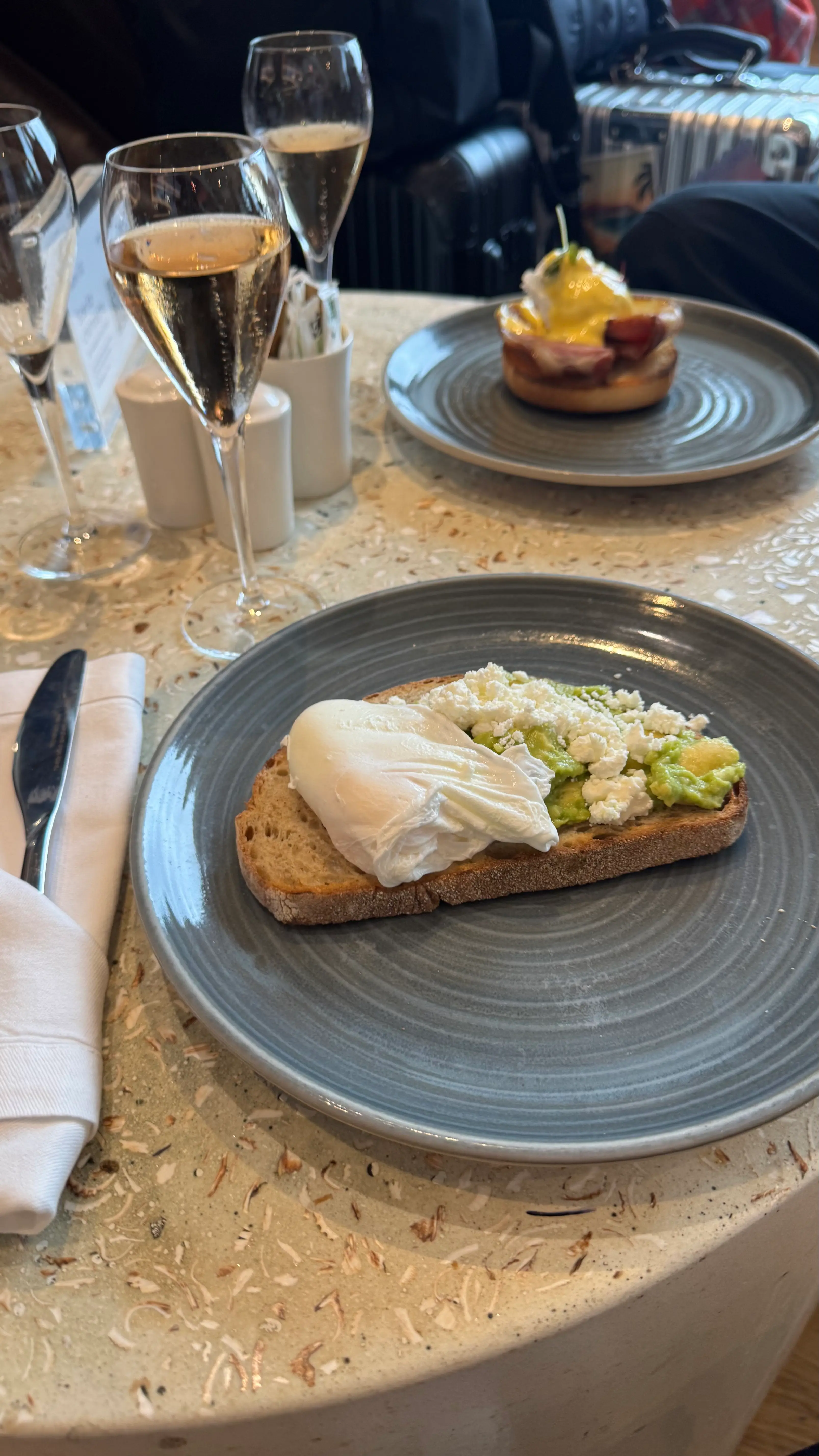 Egg and avocado on toast served in the Virgin Atlantic Upper Class Lounge at Heathrow