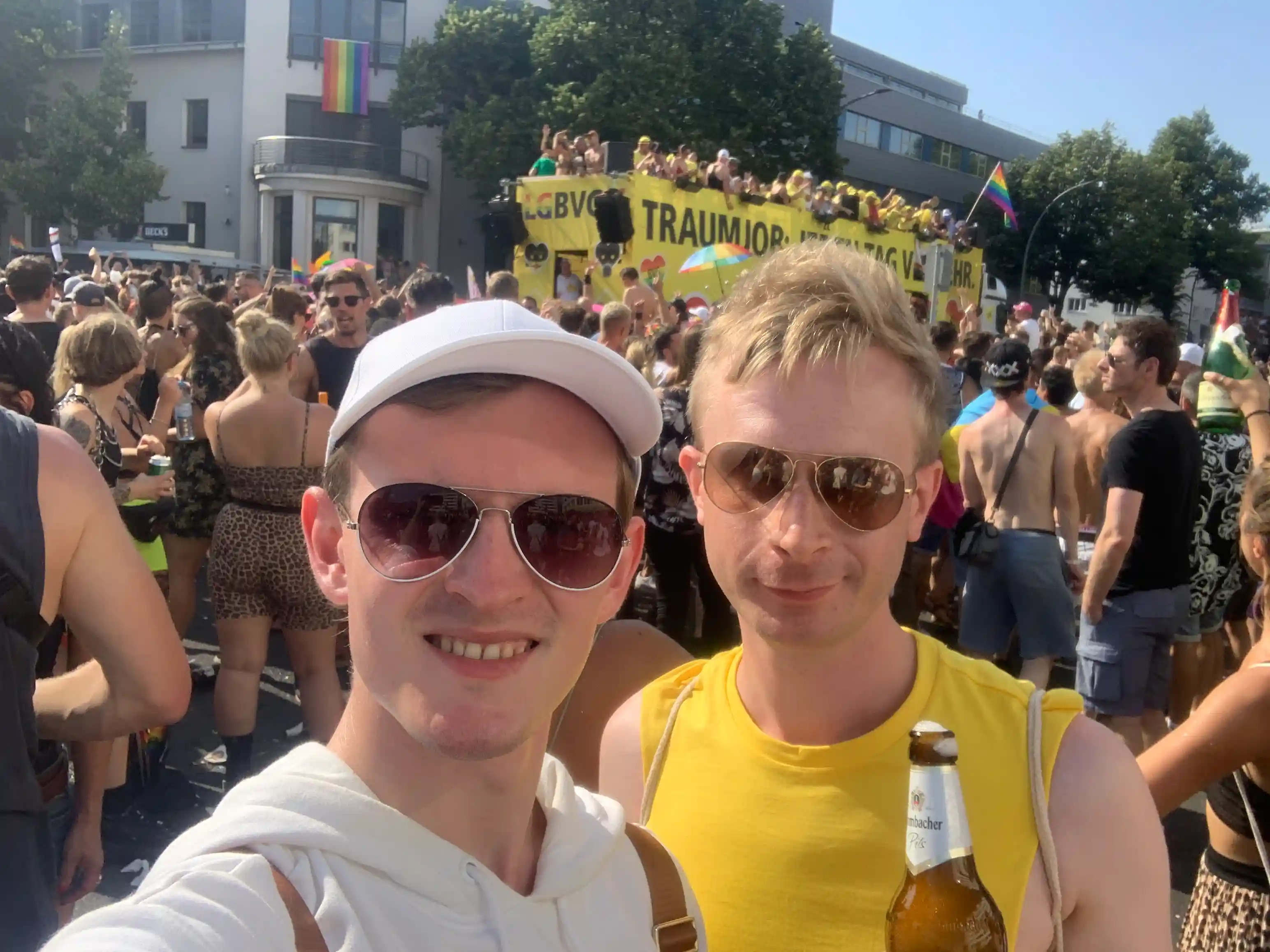 Joe and Alex at a sunny Berlin Pride parade.