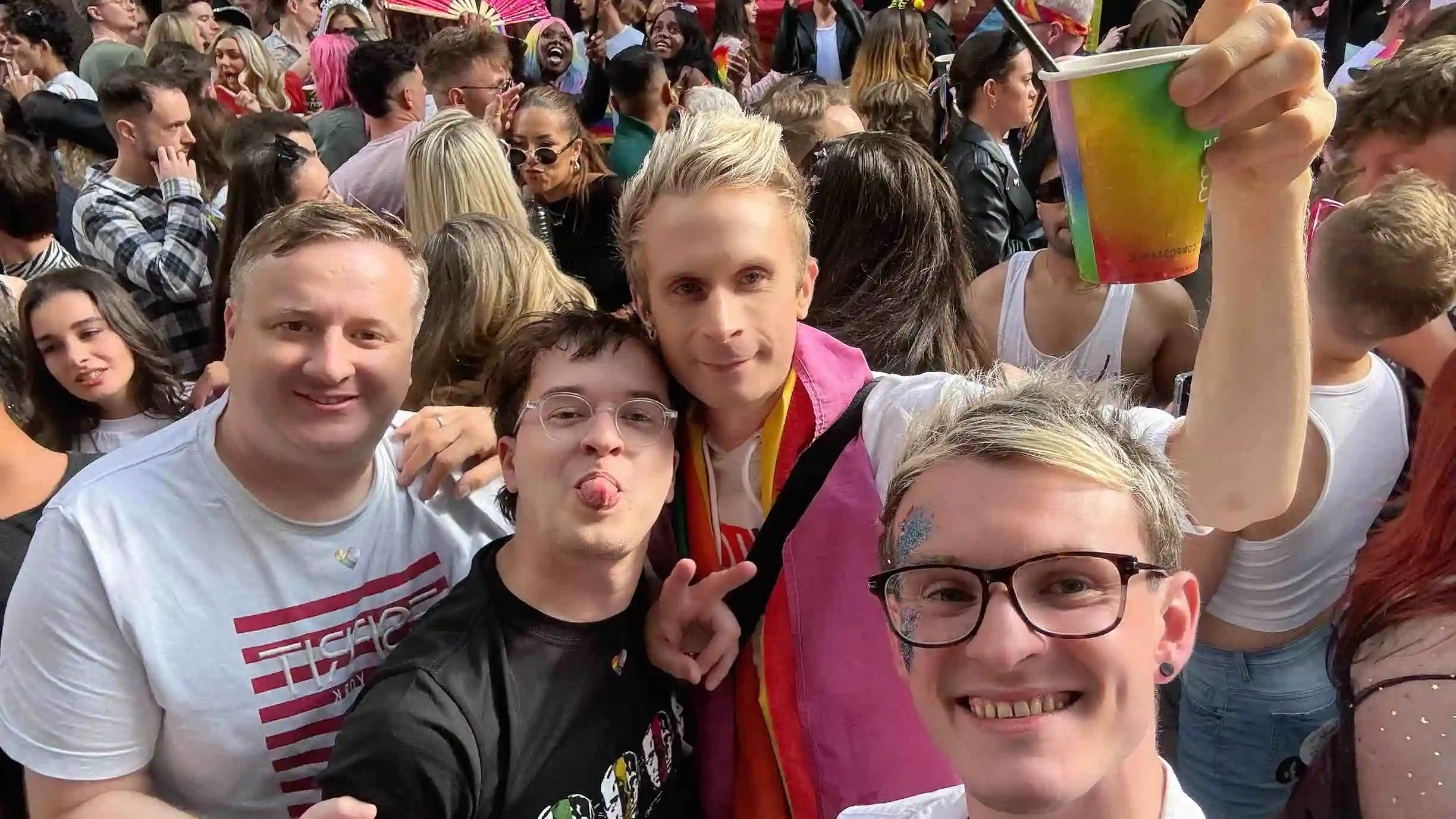Manchester Pride 2025 Group Photo – Friends, Community & Parade Atmosphere